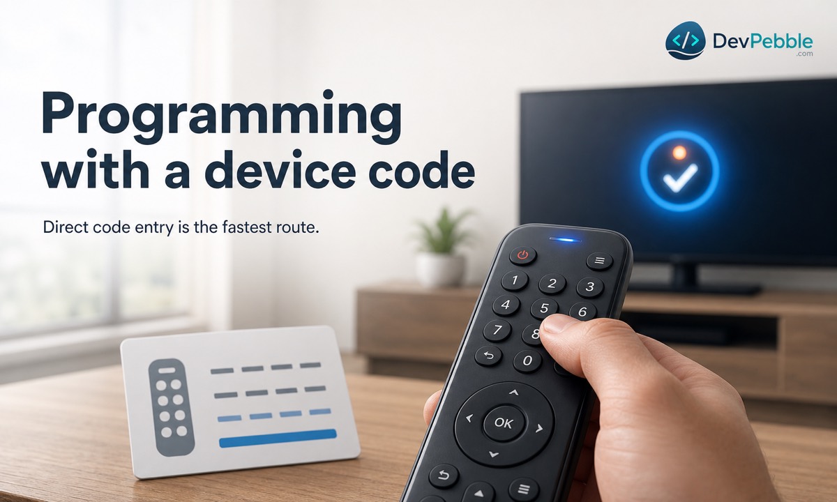 Programming an RCA universal remote with direct code entry using the device mode button and the correct code for the remote model and revision.