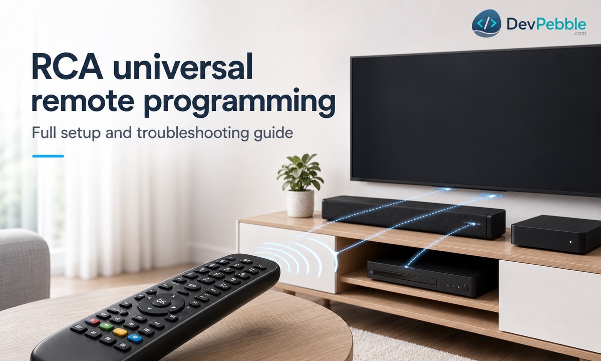 RCA universal remote programming guide showing direct code entry, automatic code search, TV and device setup, code testing, resets, and troubleshooting.