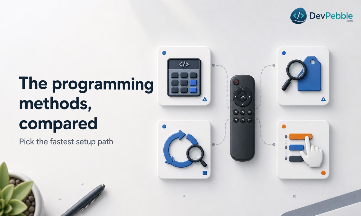 RCA universal remote programming methods compared: direct code entry, brand code search, automatic code search, and manual code search.