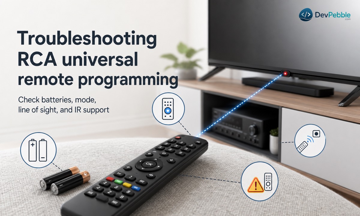 Troubleshooting RCA universal remote programming problems including weak batteries, rejected codes, wrong device mode, partial matches, and blocked infrared signals.