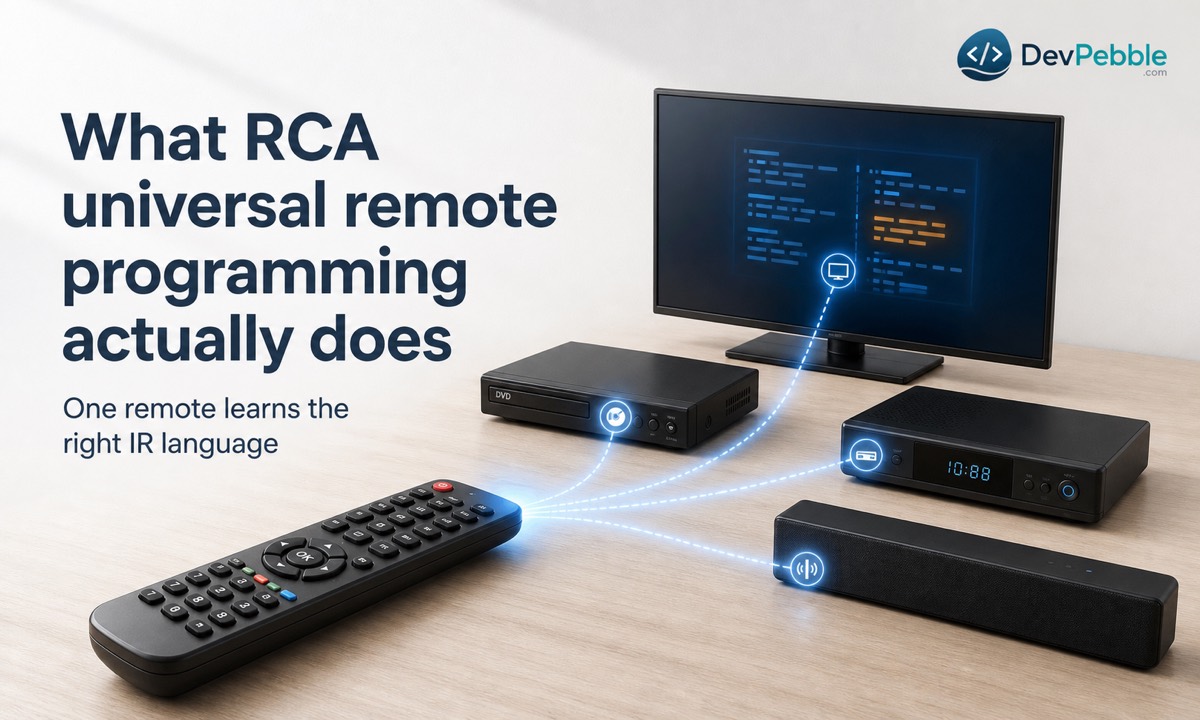 What RCA universal remote programming does by assigning the correct infrared device code for a TV, DVD player, soundbar, or cable box.