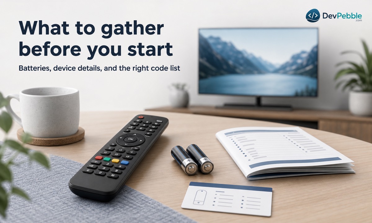 What to gather before RCA universal remote programming: fresh batteries, the powered-on device, remote model and revision numbers, brand, and matching code list.