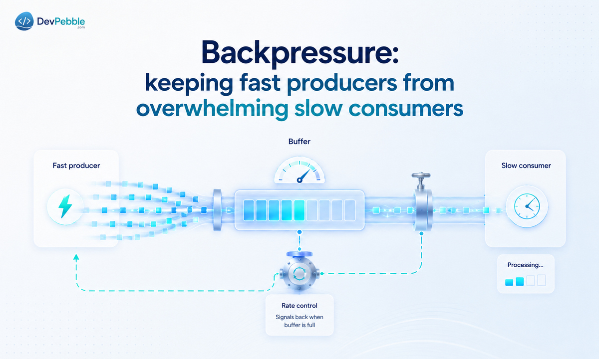 Backpressure in reactive programming — a feedback mechanism that lets a slow consumer tell a fast producer to ease off before the backlog overwhelms memory.