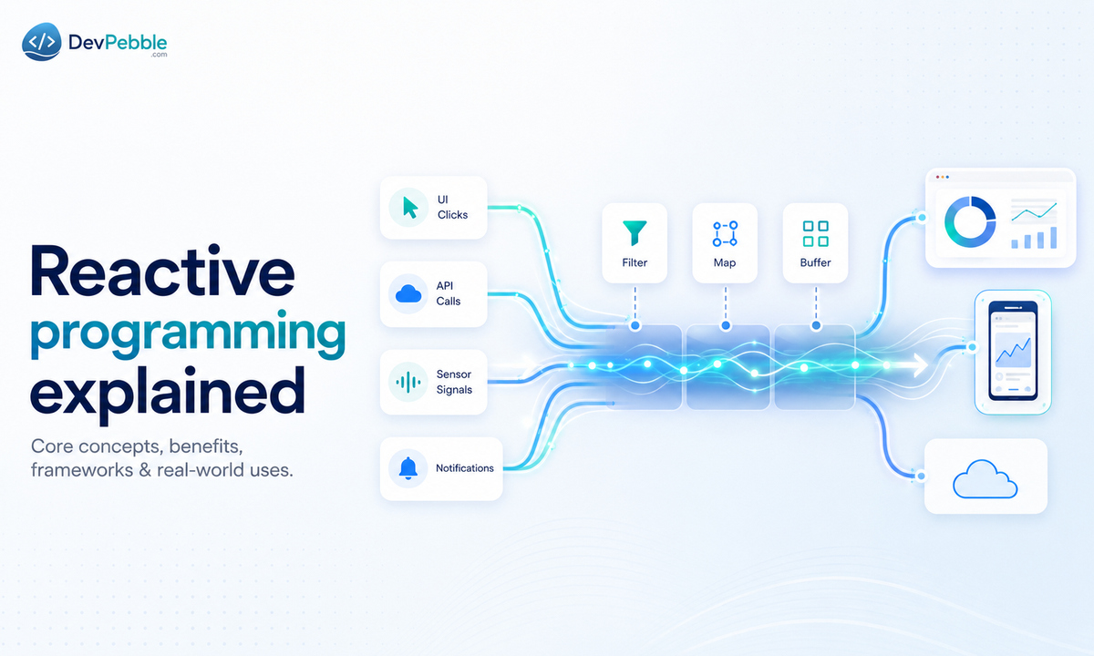 Reactive programming explained — core concepts, benefits, frameworks, and real-world uses built around data streams, backpressure, and the propagation of change.