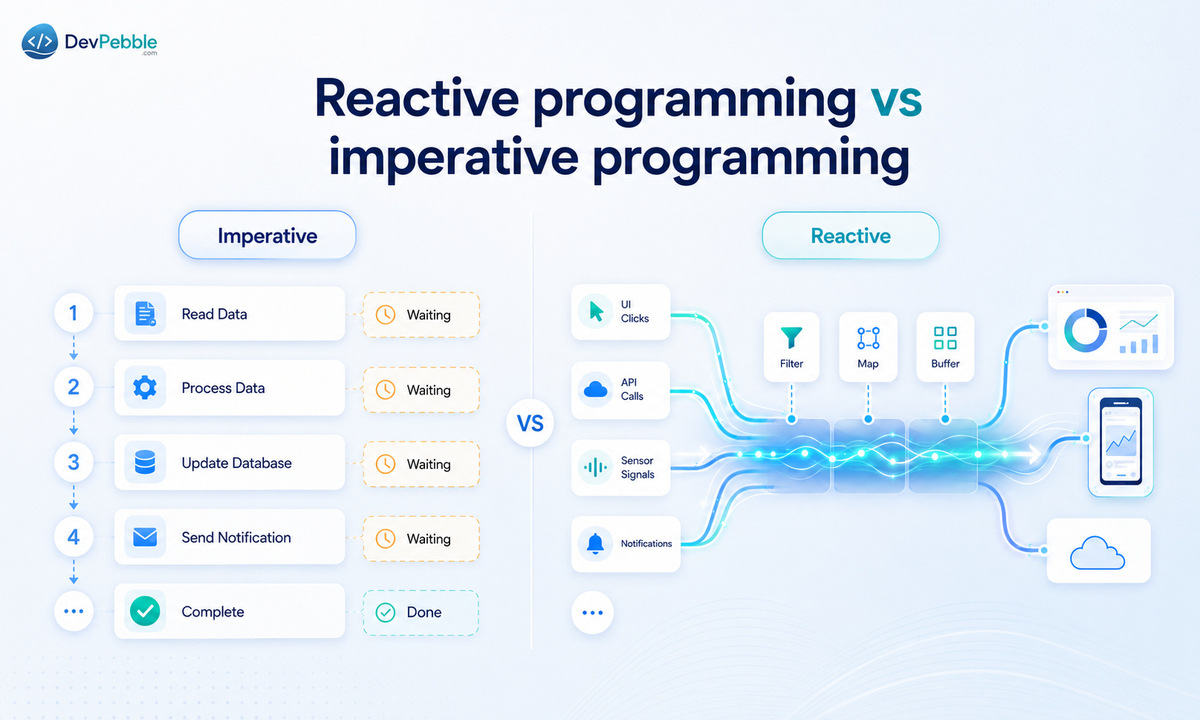 Reactive programming vs imperative programming — event-driven, push-based streams compared to sequential, pull-based, step-by-step execution.