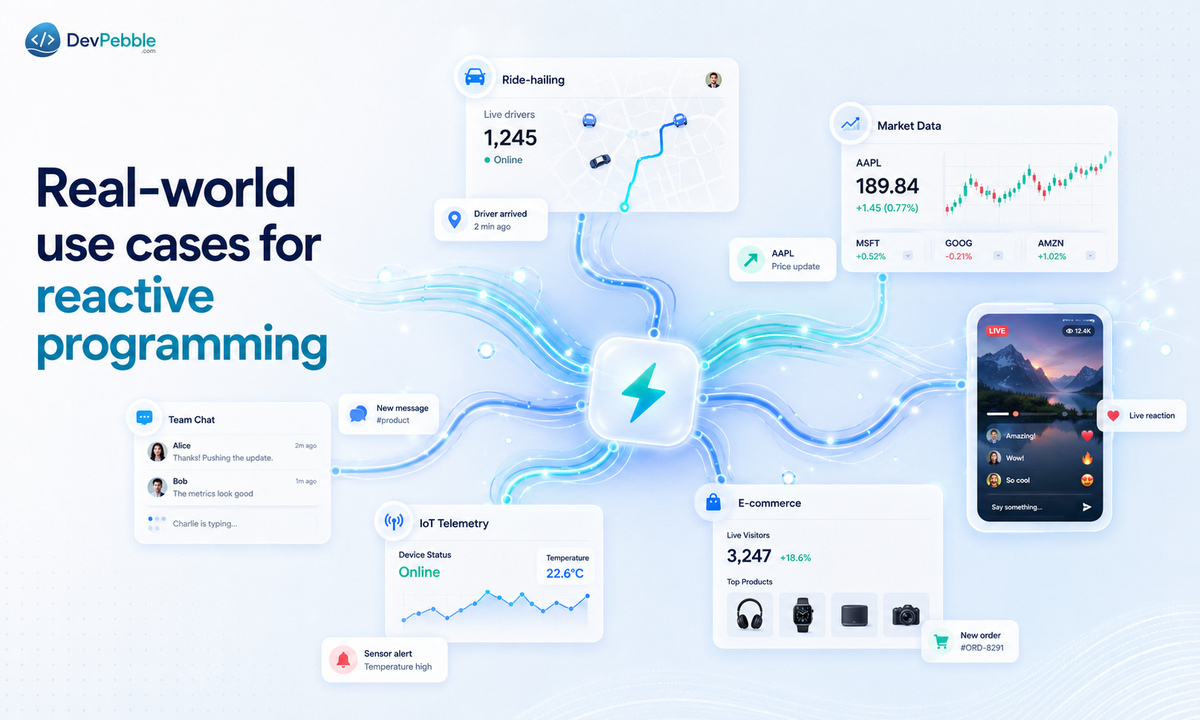 Real-world use cases for reactive programming — streaming platforms, ride-hailing, financial trading, chat, IoT, e-commerce flash sales, and multiplayer games.
