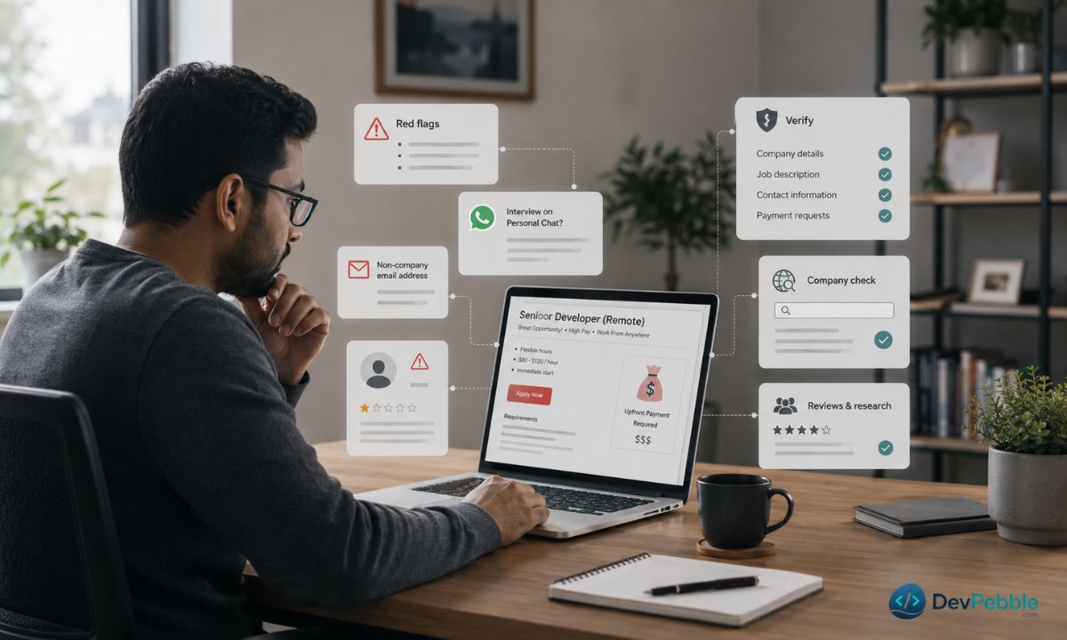How to spot a remote job scam — warning signs include upfront payment requests, pay that is too high for vague work, interviews over personal WhatsApp or Gmail, and requests for bank or ID details before any offer.