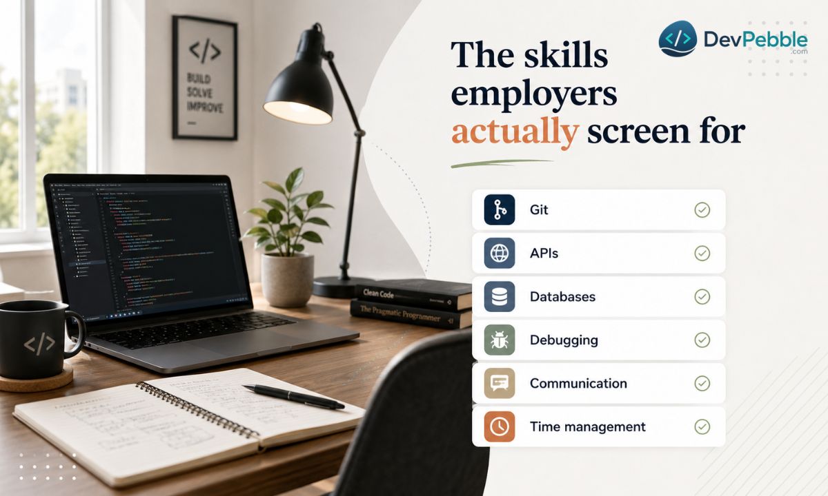 The skills employers screen for in remote developers — HTML, CSS, JavaScript and Python fundamentals, Git, APIs, databases, and debugging, plus written communication and time management.
