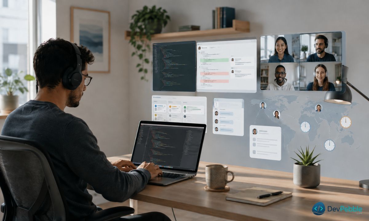 What a remote programming job involves — distributed teams coordinate over Slack and Zoom, ship code through Git and pull requests, and track work in Jira or Linear.