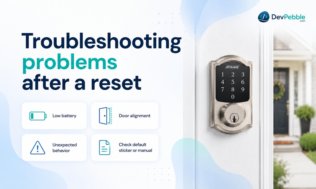 Troubleshooting problems after a Schlage reset — checking the battery and cover when the keypad won't respond, confirming the reset finished when the default code fails, and ruling out deadbolt misalignment.