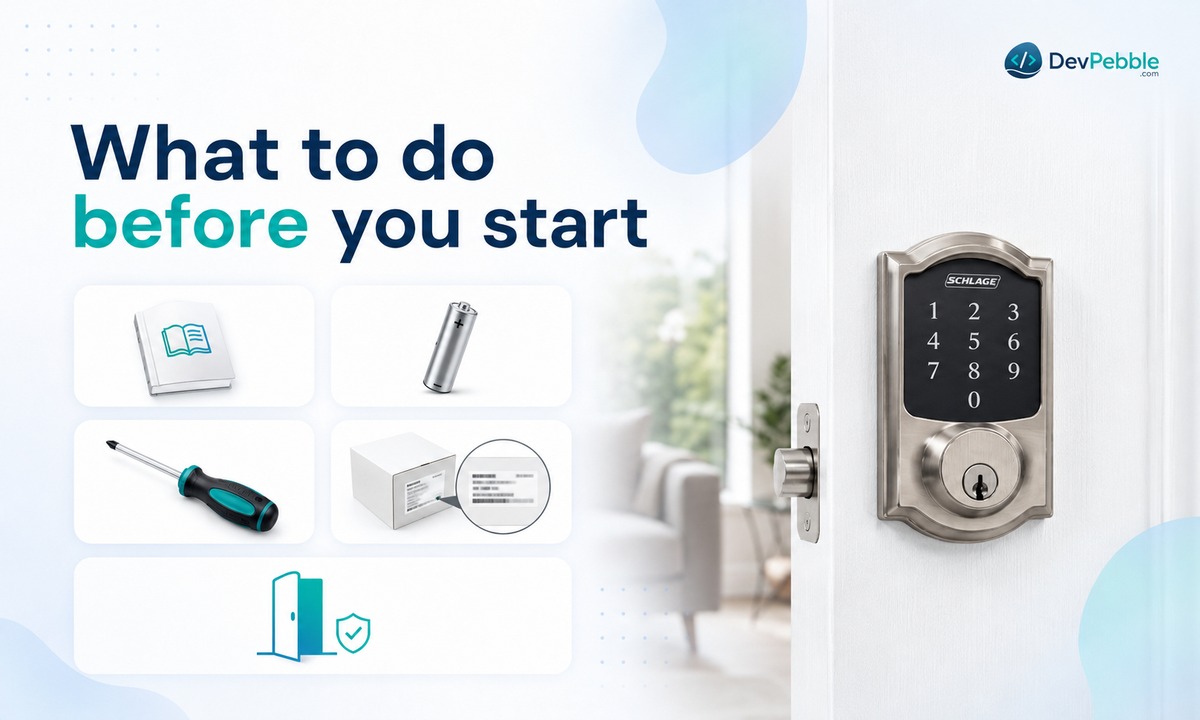 What to do before you start a Schlage reset — locating the default codes on the lock sticker and user guide, gathering a screwdriver and fresh battery, and working with the door propped open.