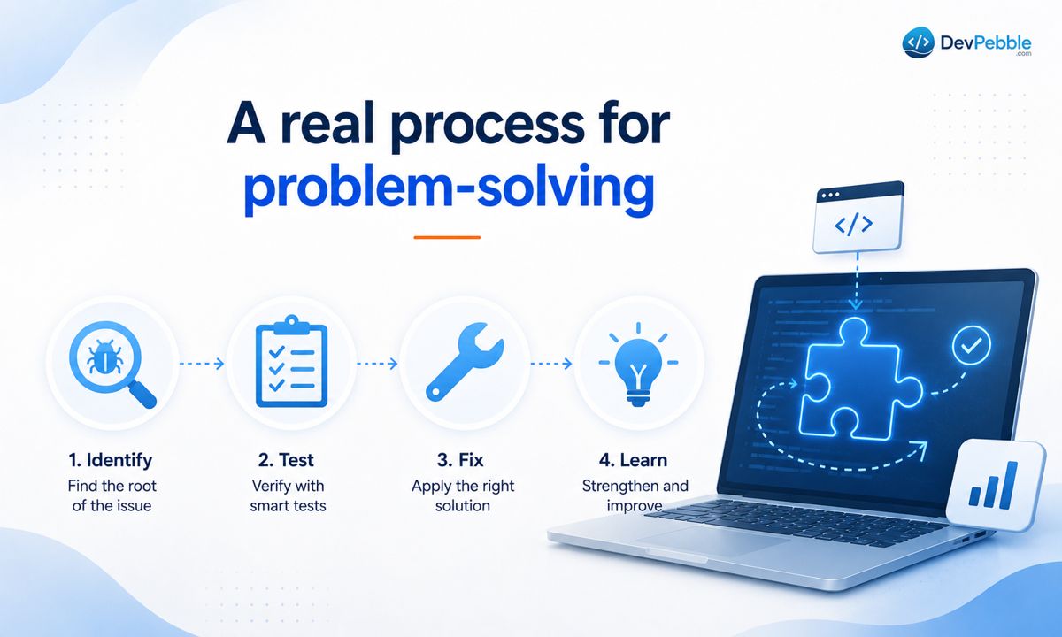A real process for problem-solving — read requirements slowly, name what you don't understand, look things up without blindly pasting code, and debug by reading the error and narrowing down what broke.