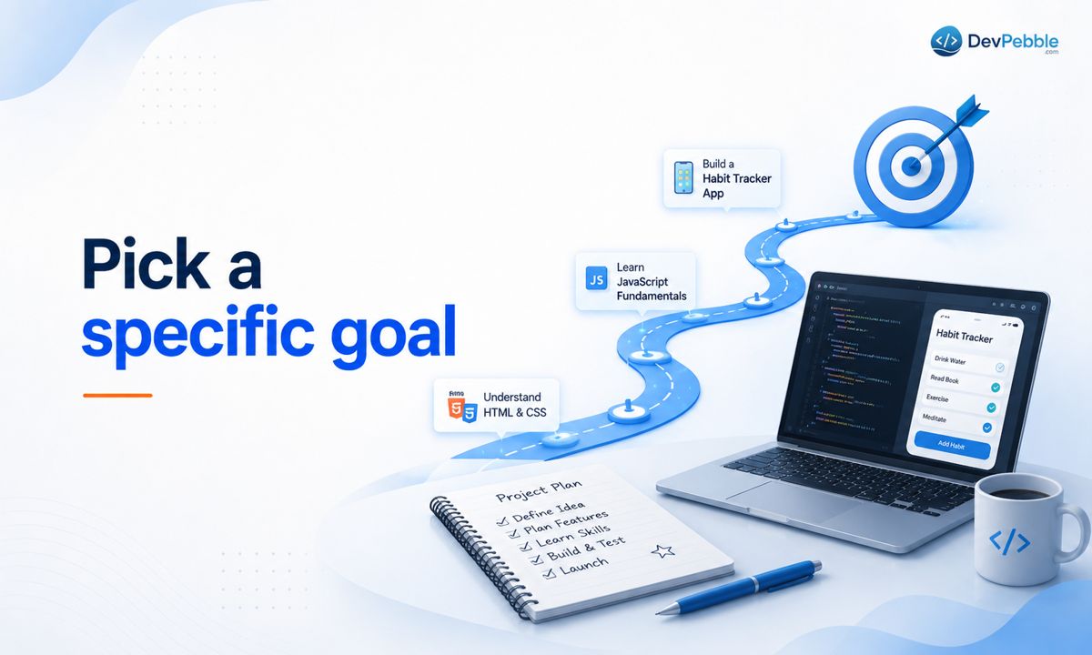 Pick a specific goal — a sharp target like building a weather app with JavaScript and a public API by a set date is something you can actually work toward.