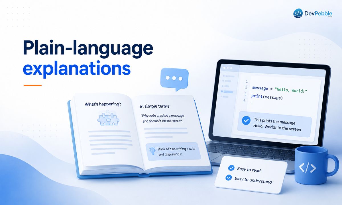Plain-language explanations — coding concepts described in normal language, with the harder material held back until a beginner has a foundation to attach it to.