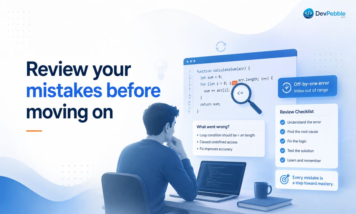 Review your mistakes before moving on — spend two minutes understanding what went wrong after fixing a bug, since that short review is where a lot of the real learning hides.