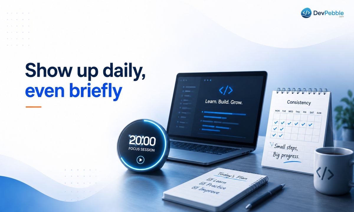 Show up daily, even briefly — code rewards regular contact, so twenty minutes every day beats one long weekend session and keeps concepts from going fuzzy.