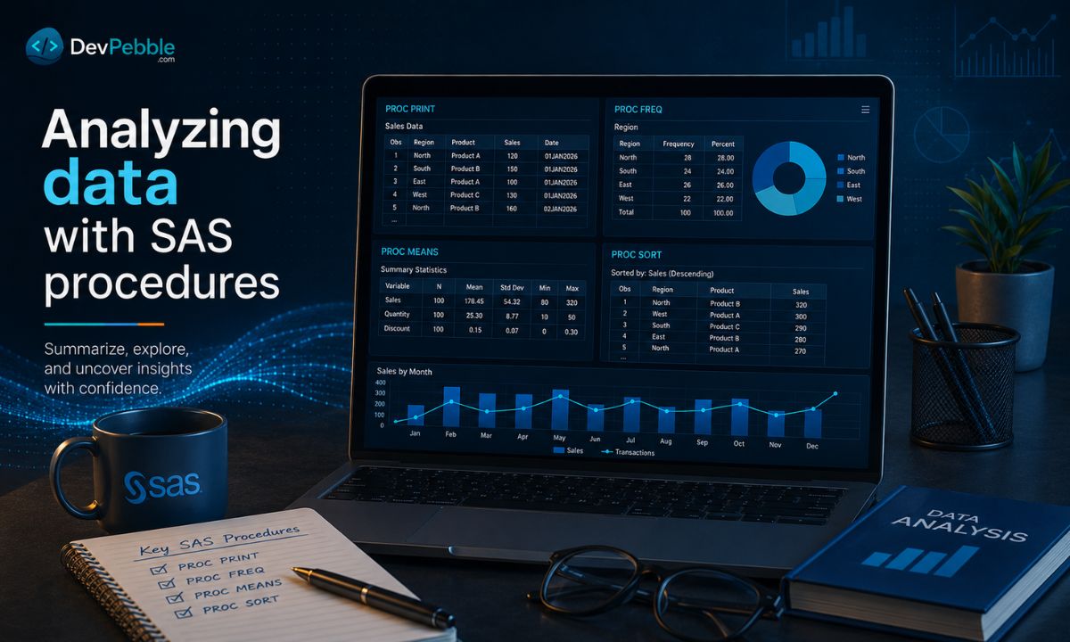Analyzing data with SAS procedures — PROC PRINT, PROC MEANS, PROC FREQ, and PROC SORT are the prebuilt routines most beginners reach for first.