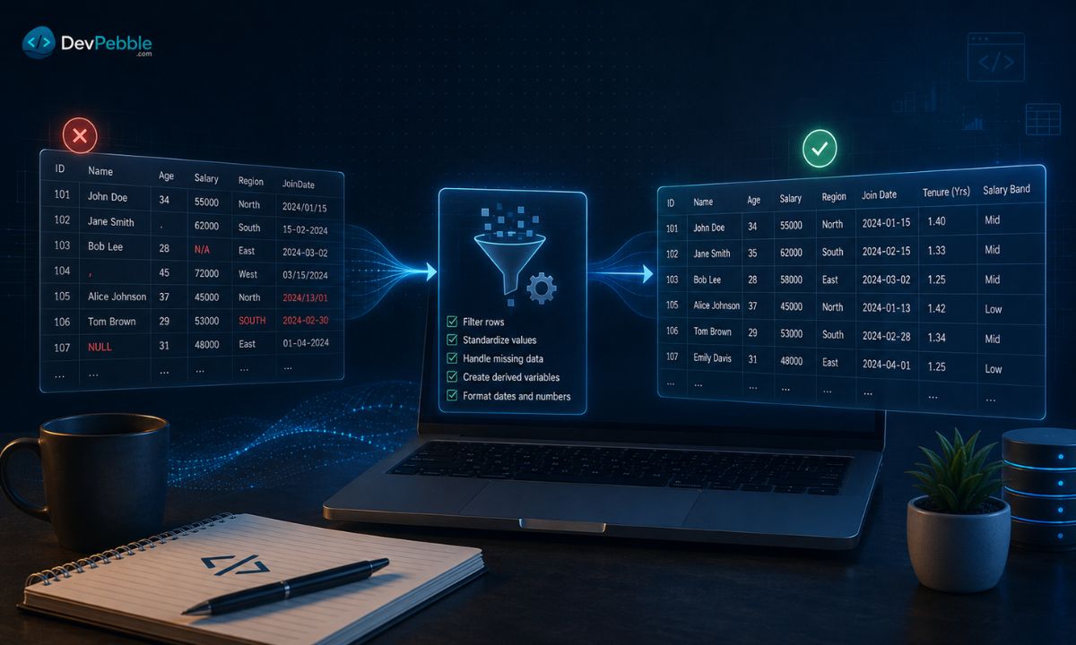 Cleaning and transforming data with the DATA step — reading one observation at a time to create new variables, filter rows, handle missing values, and reshape data for analysis.