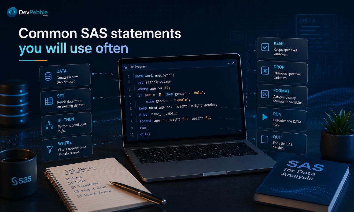 Common SAS statements you will use often — DATA, SET, IF-THEN, WHERE, KEEP, DROP, FORMAT, RUN, and the PROC SQL QUIT statement.