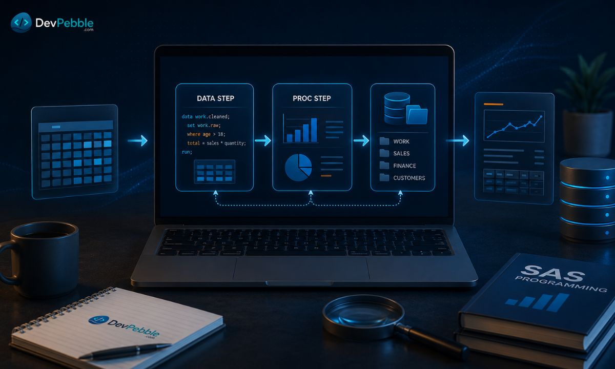 How SAS programming works — almost every SAS program combines the DATA step, the PROC step, and libraries that point to where SAS datasets are stored.