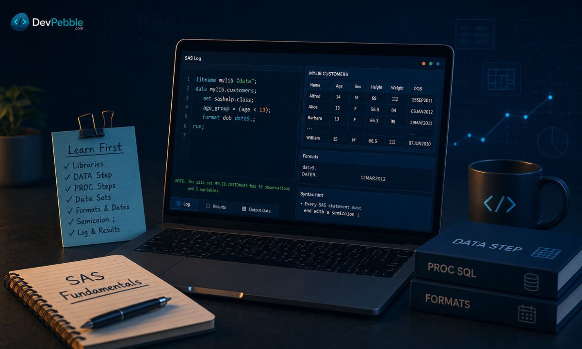 Key SAS concepts to learn first — syntax and semicolons, datasets, variables and observations, formats and informats, reading data in, and the SAS log.