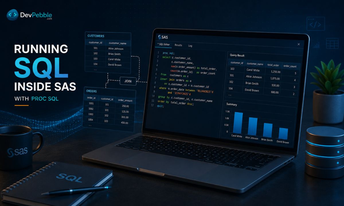 Running SQL inside SAS with PROC SQL — standard SQL for selecting, filtering, joining, grouping, and summarizing data right inside a SAS program.