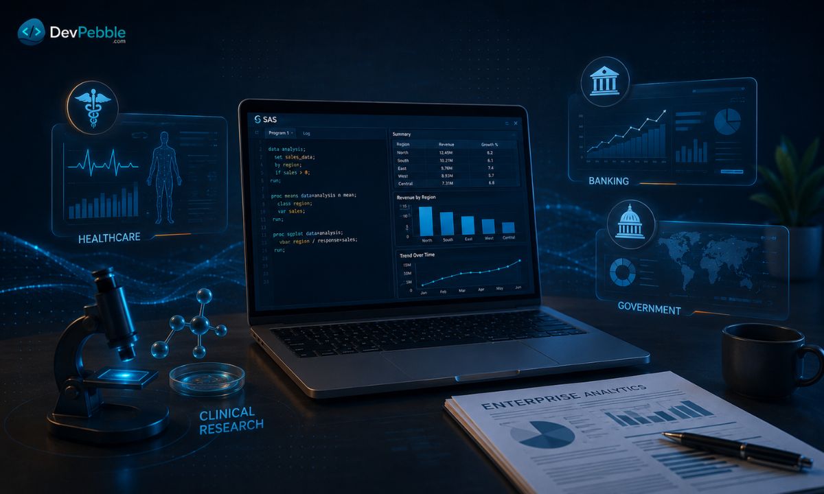 Where SAS programming is used — healthcare and clinical research, finance and banking, government and research, and enterprise analytics built on SAS Viya.