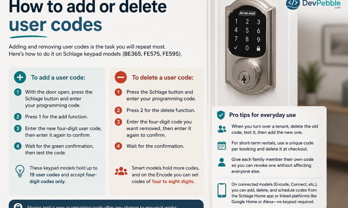 How to add or delete user codes — managing four-digit user codes by hand on a Schlage keypad lock, or through the app on Wi-Fi models like the Encode.