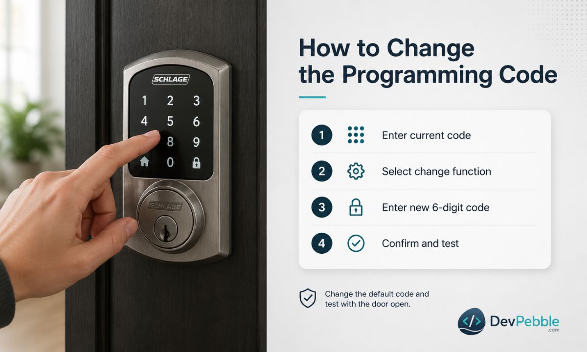 How to change the Schlage programming code — entering programming mode at the keypad with the door open and replacing the factory default with a new six-digit code.