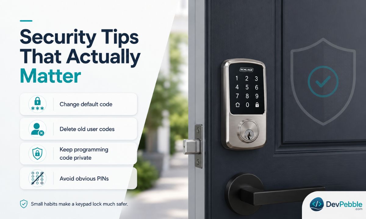 Security tips that actually matter — changing the factory default, deleting codes the moment access ends, keeping the programming code private, avoiding obvious PINs, and storing codes offline.
