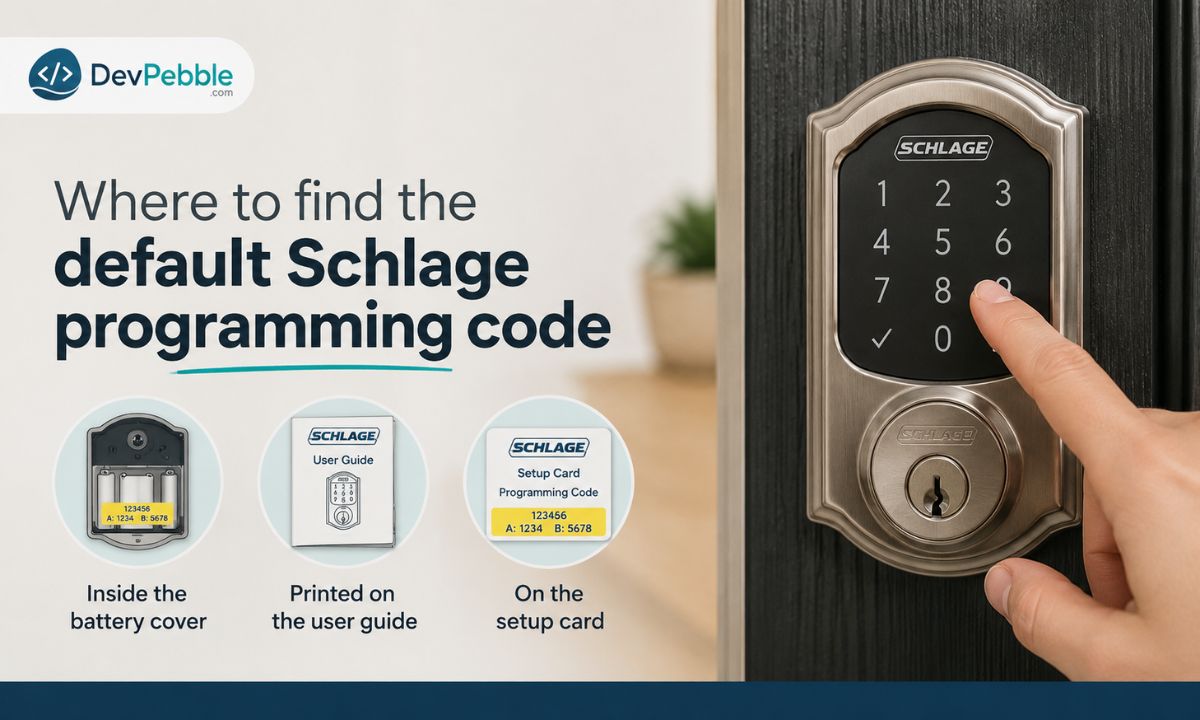 Where to find the default Schlage programming code — the unique factory code printed on the yellow label behind the keypad, in the user guide, and inside the battery cover on smart models.