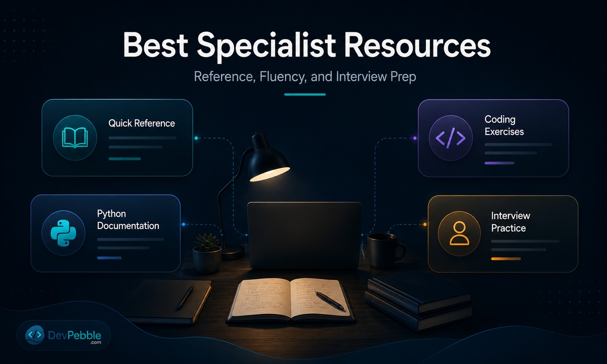 Best specialist programming resources for reference, language fluency, and interviews — W3Schools, the official Python Tutorial, Exercism, and LeetCode.