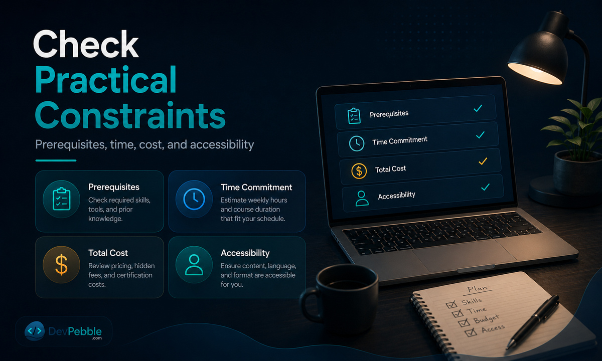 Check the practical constraints before enrolling in a programming tutorial — prerequisites, time and workload, cost and access, and accessibility.