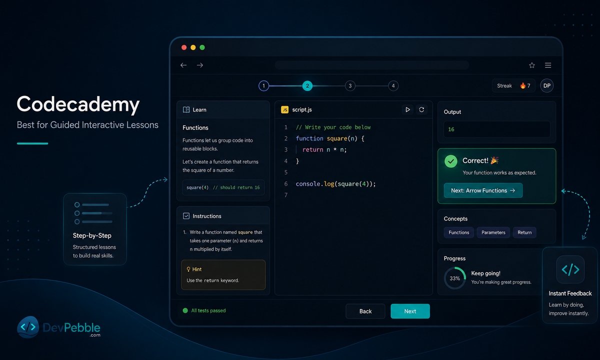 Codecademy, the best programming tutorial for guided, interactive coding lessons with instant feedback in the browser.