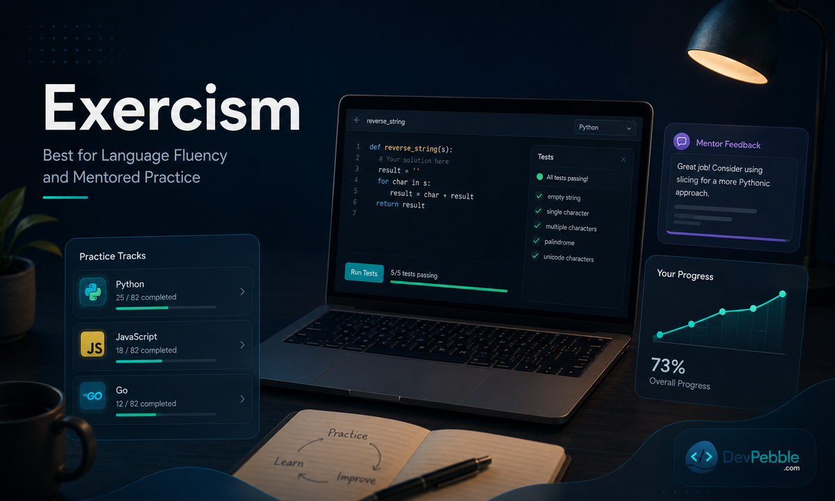 Exercism, the best programming tutorial for language fluency and mentored practice through exercises, automated tests, and community feedback.