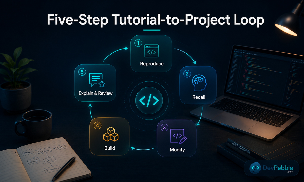 A five-step tutorial-to-project loop — reproduce, recall, modify, build, then explain and review, to move from following along to building independently.