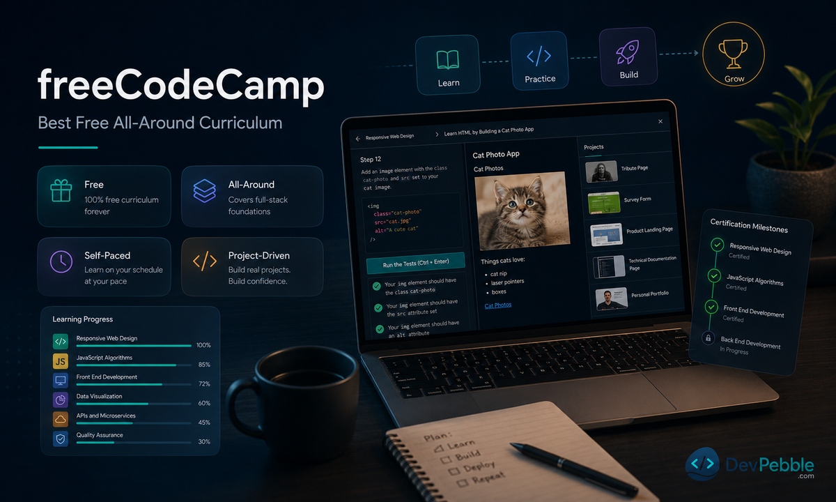 freeCodeCamp, the best free all-around programming tutorial, with browser-based lessons and project-based certifications at no cost.
