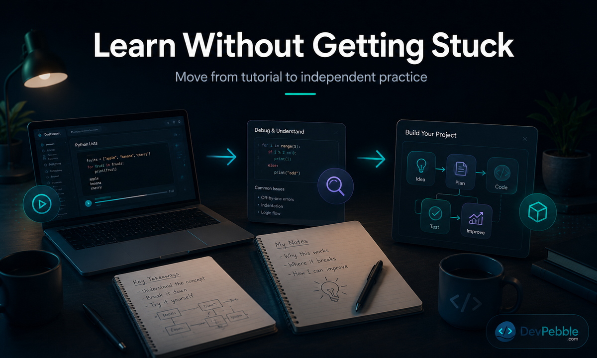 How to learn from programming tutorials without getting stuck — treat them as scaffolding, then rebuild each idea from memory and debug with documentation.