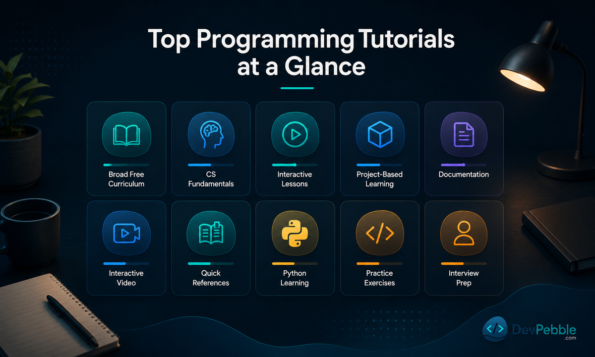 Top programming tutorials at a glance — ten free and paid learning platforms grouped by the use case each one serves best.