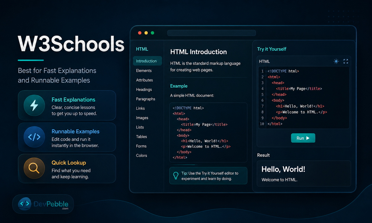 W3Schools, the best programming tutorial for fast explanations backed by runnable 'Try it' examples you can edit in the browser.