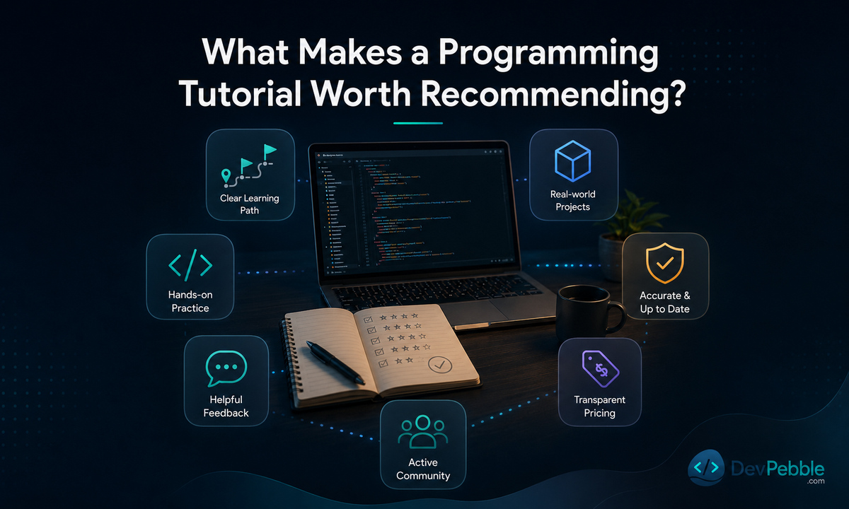 What makes a programming tutorial worth recommending — clear progression, active coding over passive watching, explained errors, and independent projects.
