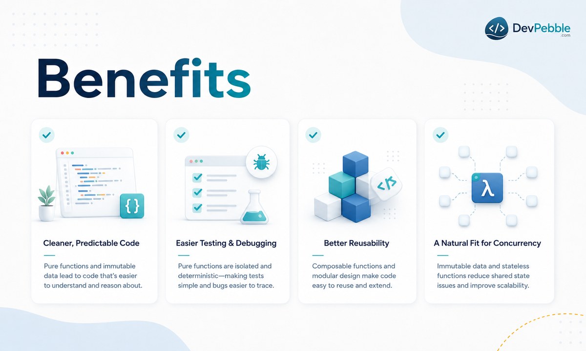 Benefits of functional programming — cleaner and more predictable code, easier testing and debugging, better reusability, and a natural fit for concurrency.