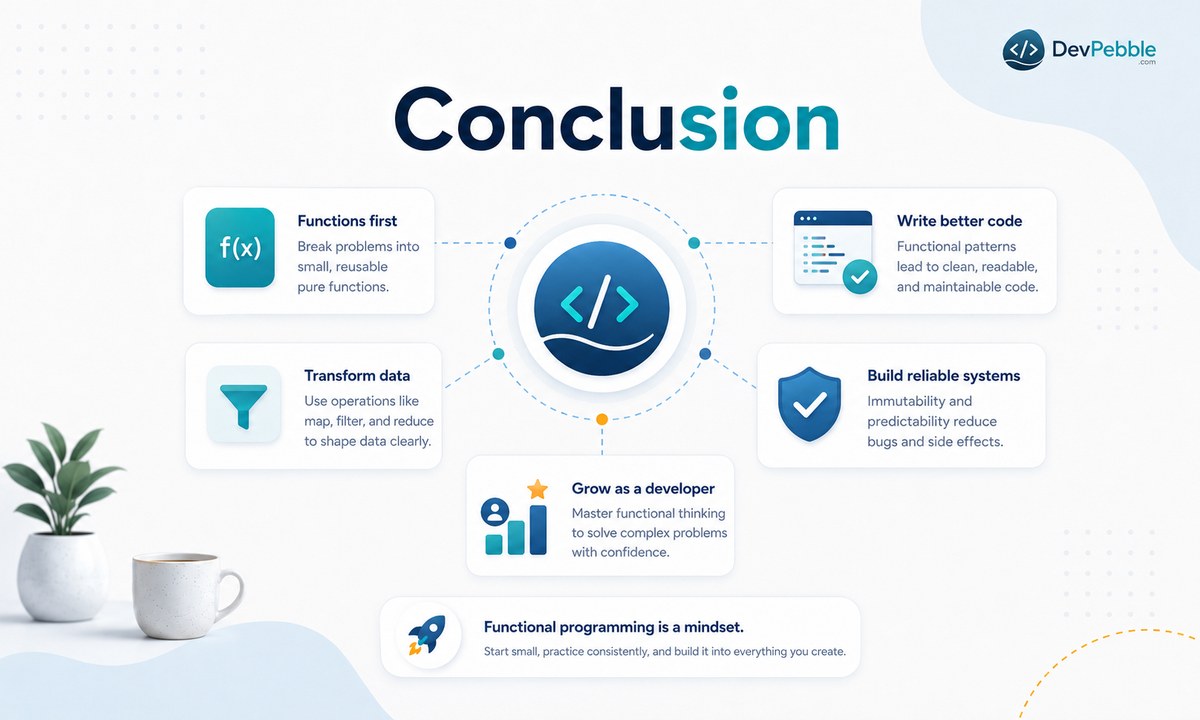 What is functional programming in conclusion — a practical way to transform data through clear, predictable functions that makes testing and concurrent systems easier to manage.
