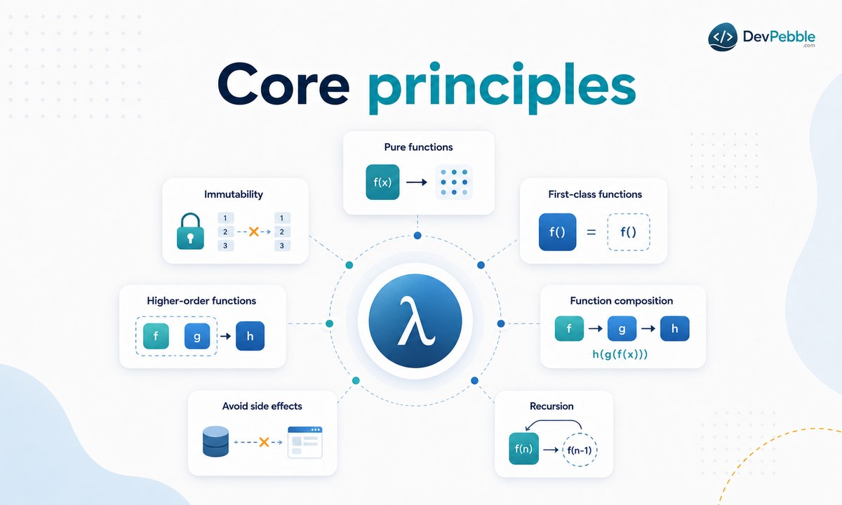 Core principles of functional programming — pure functions, immutability, first-class and higher-order functions, function composition, avoiding side effects, and recursion.