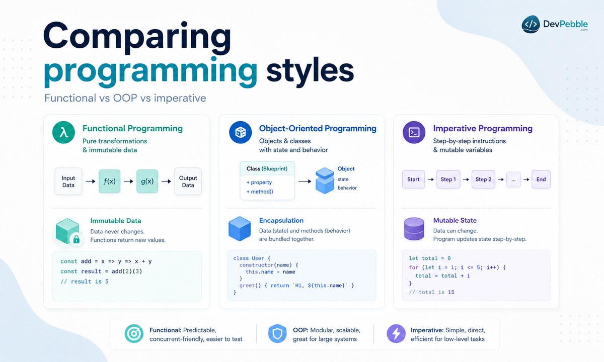 Functional programming vs object-oriented programming — functions transforming immutable data versus objects that bundle data with mutable state and behavior.