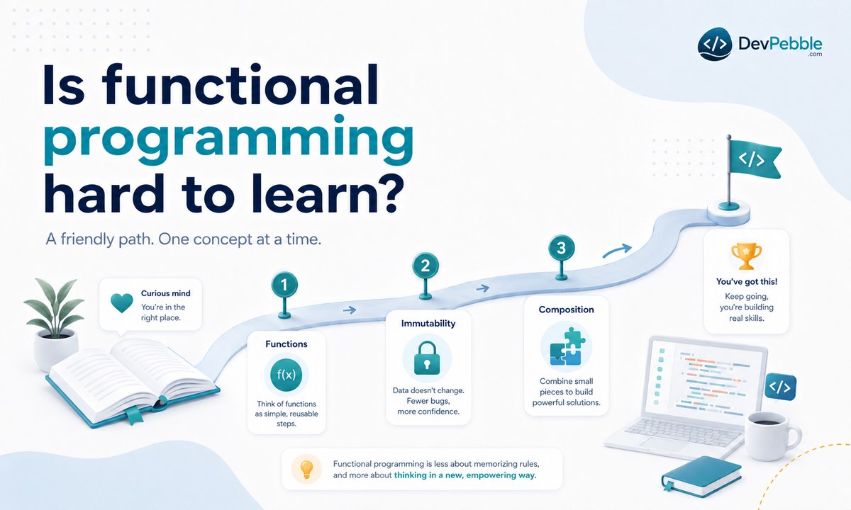 Is functional programming hard to learn — a learning curve that eases once pure functions and immutability click, worth learning for most developers through a language you already use.