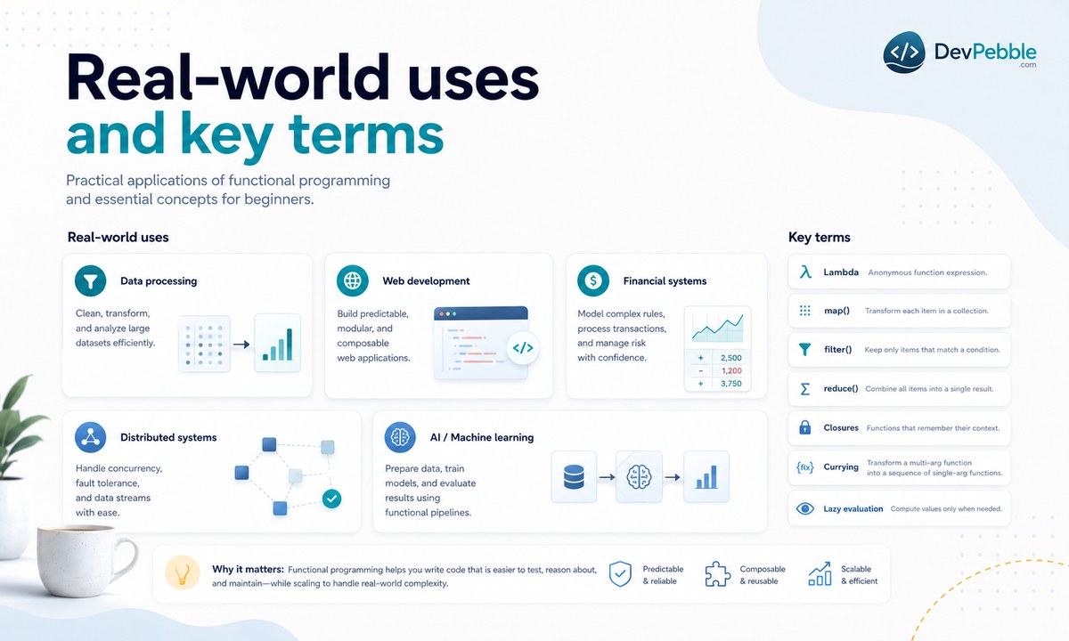 Real-world uses of functional programming — data processing pipelines, web front-end state management, financial systems, distributed systems, and AI and machine learning workflows.