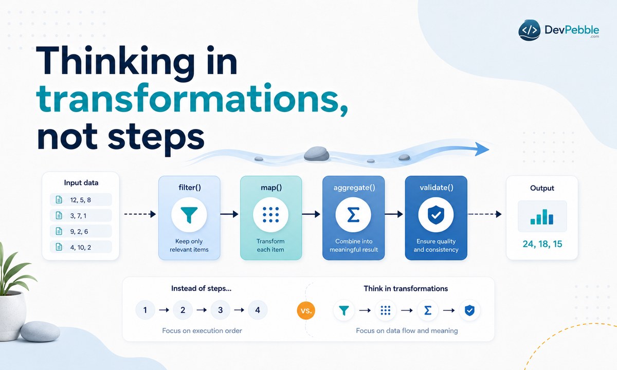 Thinking in transformations, not steps — declarative functional code describes the result you want, passing data through transformations instead of mutating values in place.