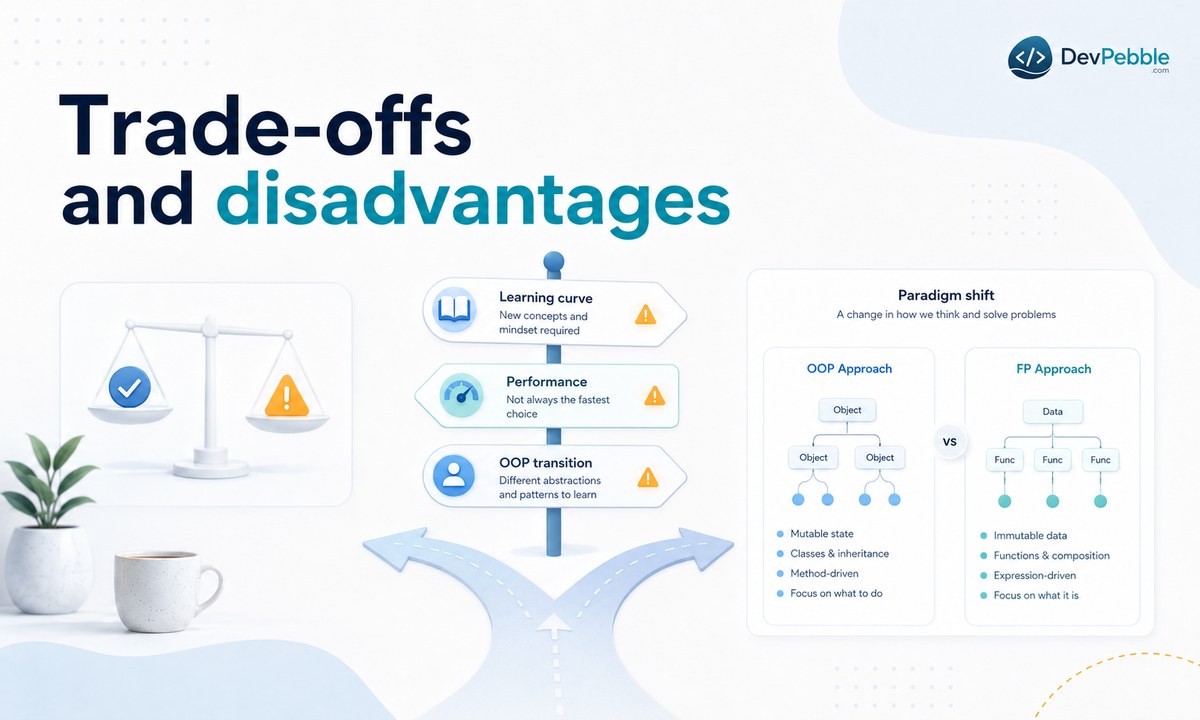 Trade-offs and disadvantages of functional programming — a steeper learning curve, performance overhead from creating new data, and unlearning object-oriented habits.