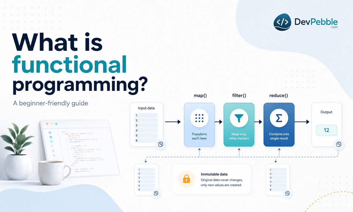 What is functional programming? A beginner-friendly guide showing programs built by combining pure functions that transform immutable data instead of issuing step-by-step commands.
